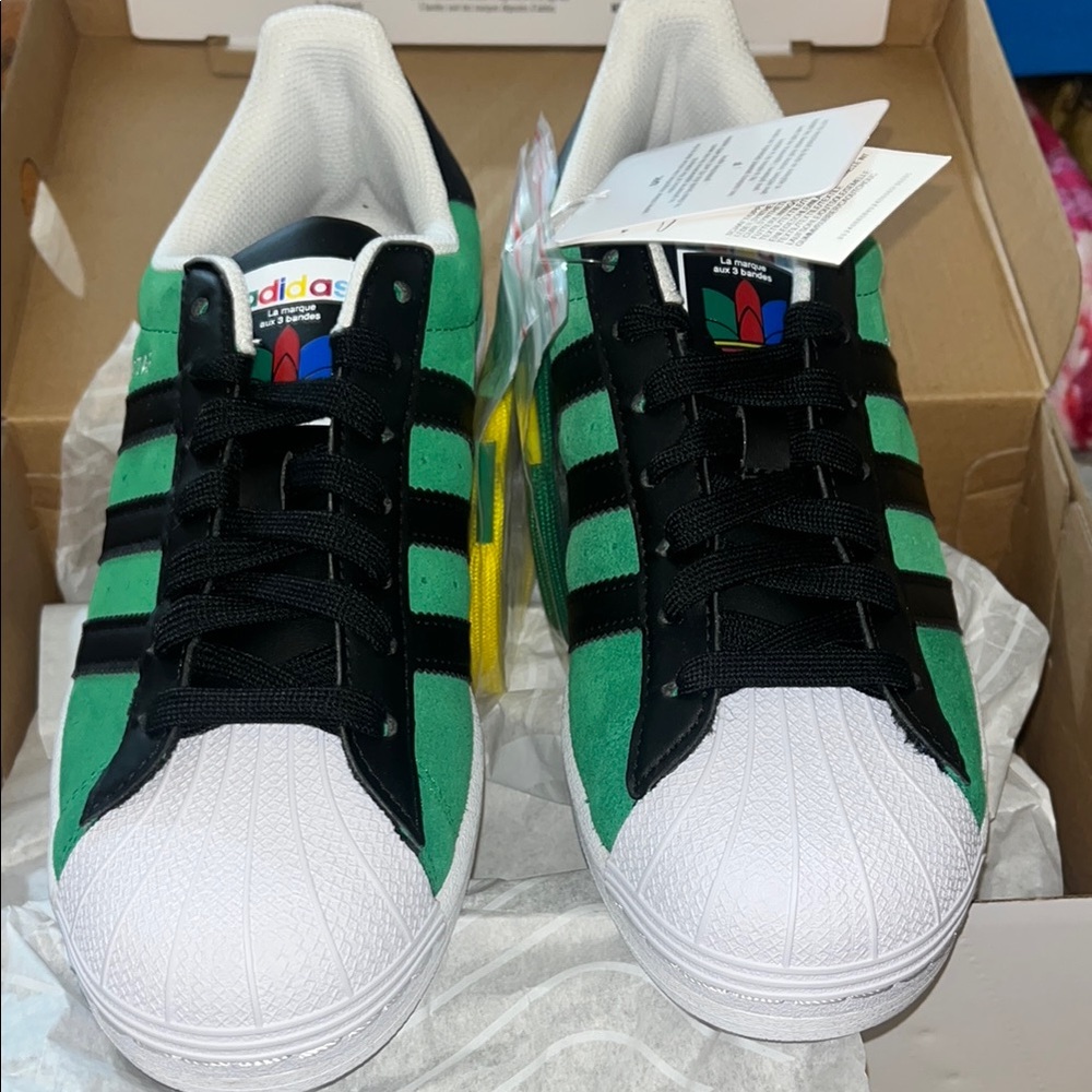 Adidas Green and Black Superstar Sneakers